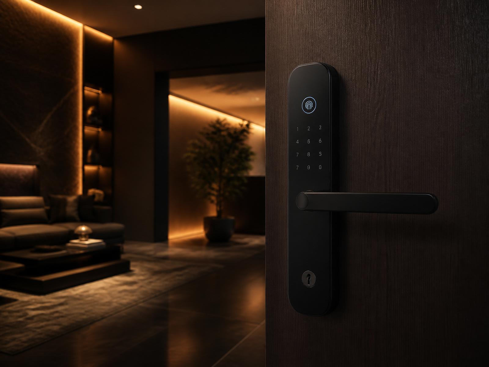 Smart lock in a warm dark hallway